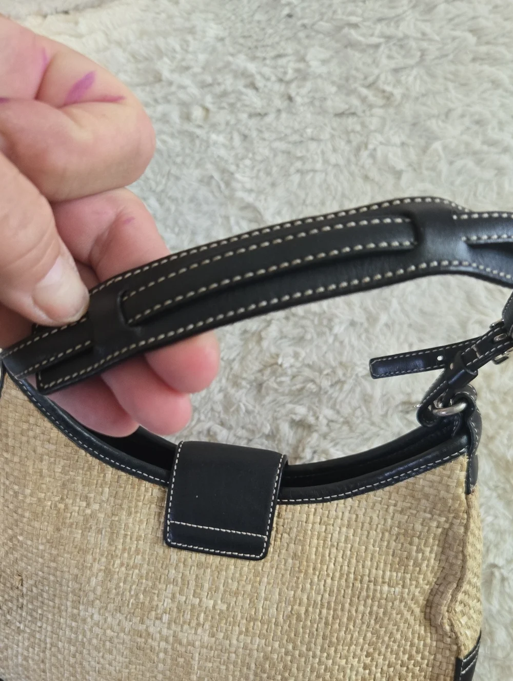 Coach Vintage Natural Straw Shoulder Bag with Black Leather Trim